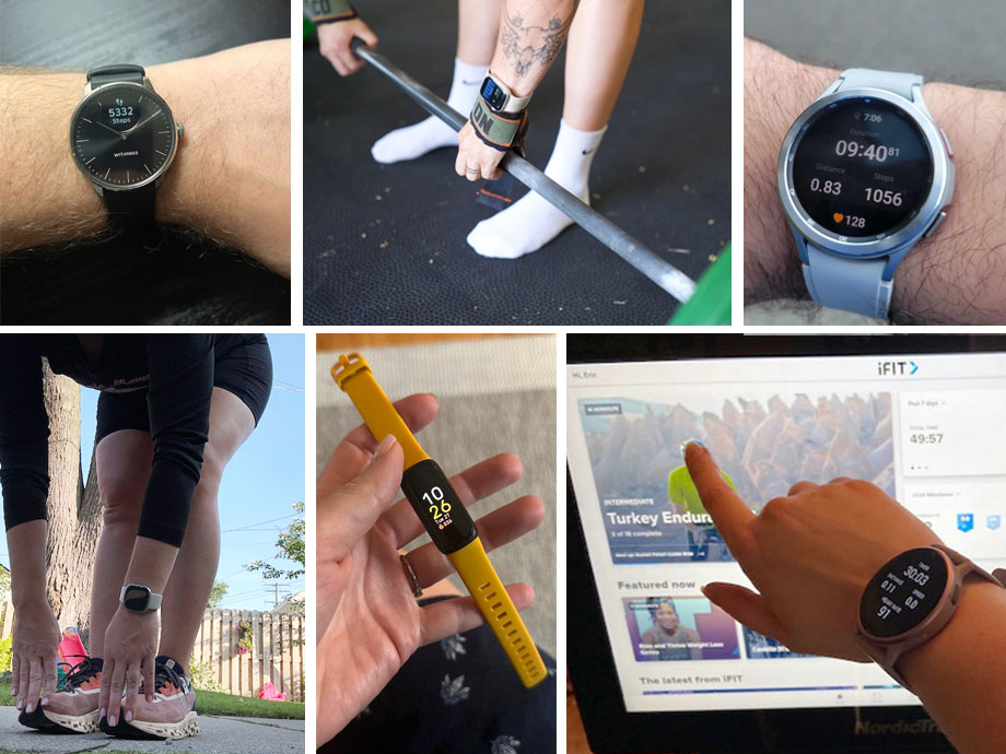 collage of smartwatches and fitness trackers, garmin, fitbit, apple, samsung