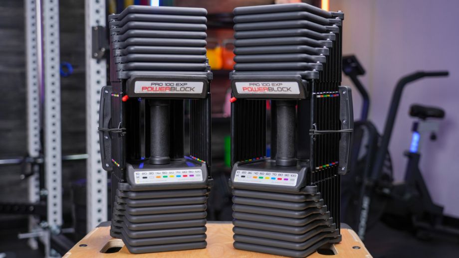 A pair of PowerBlock Pro 100 EXP Dumbbells standing on a wooden plyobox